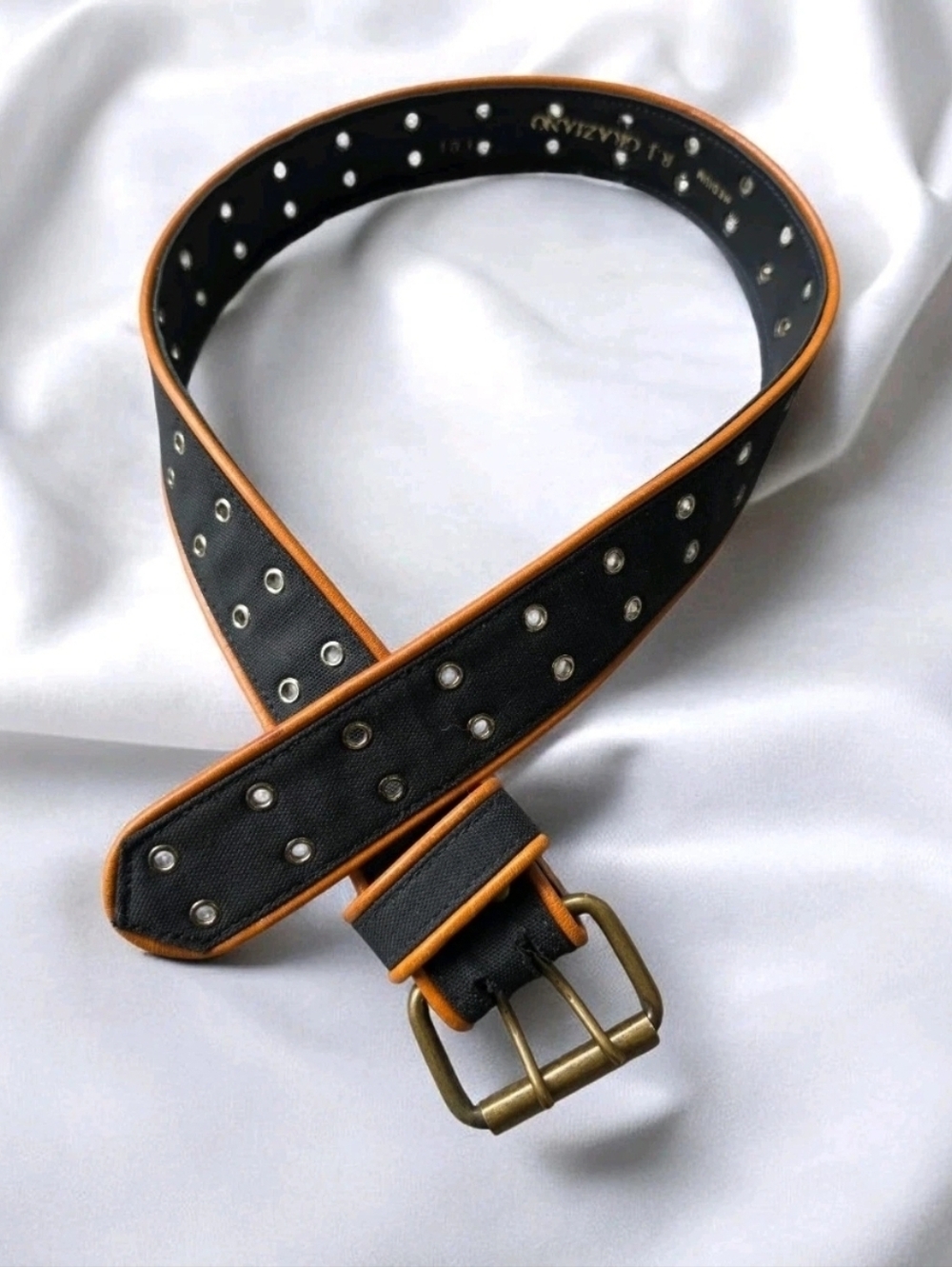 Vintage R.J. Graziano Double Grommet Belt Black Canvas Brown Trim Brass Buckle M